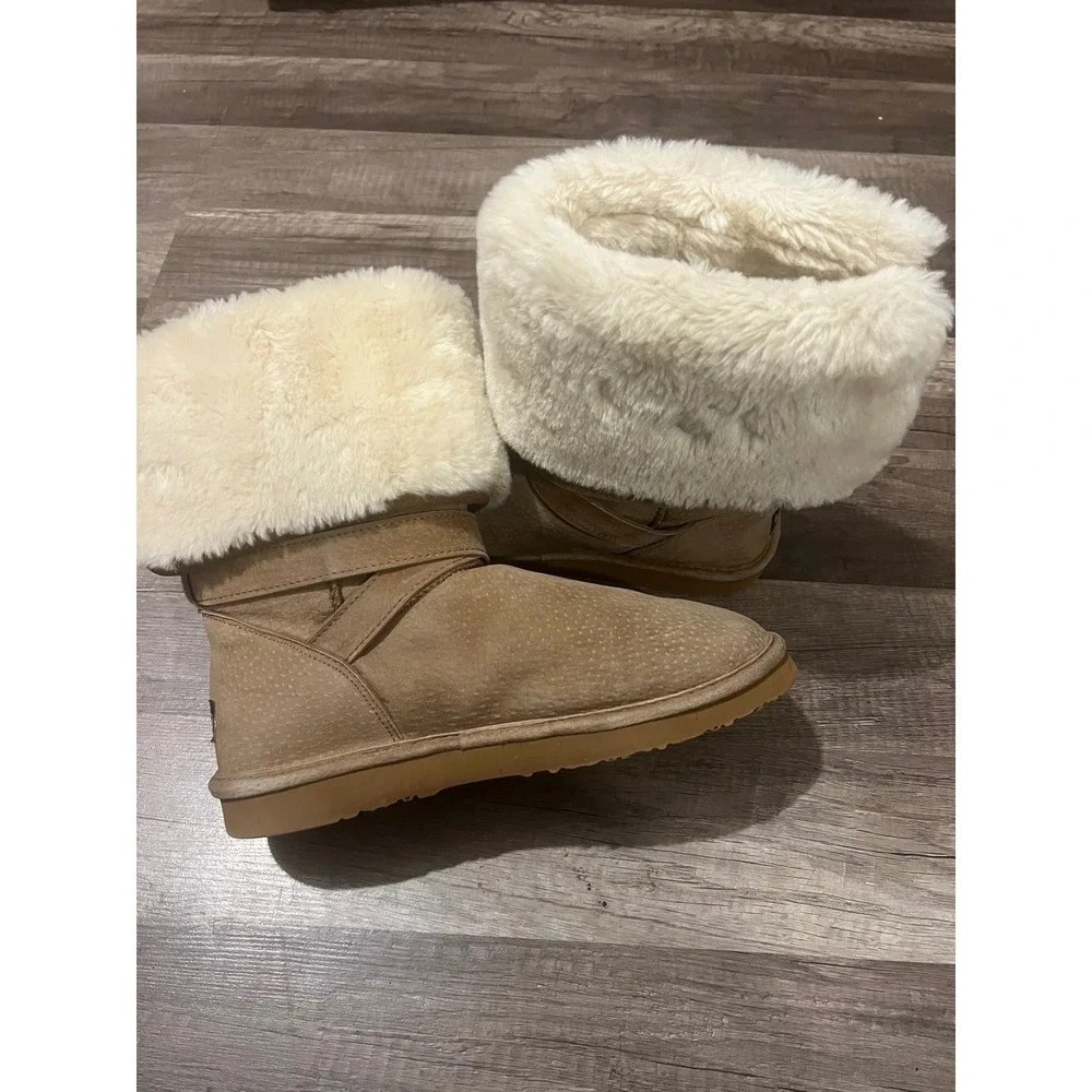 Lamo Women Tan Suede Faux Fur Fold Over Tall Winter Boots Strappy Chestnut